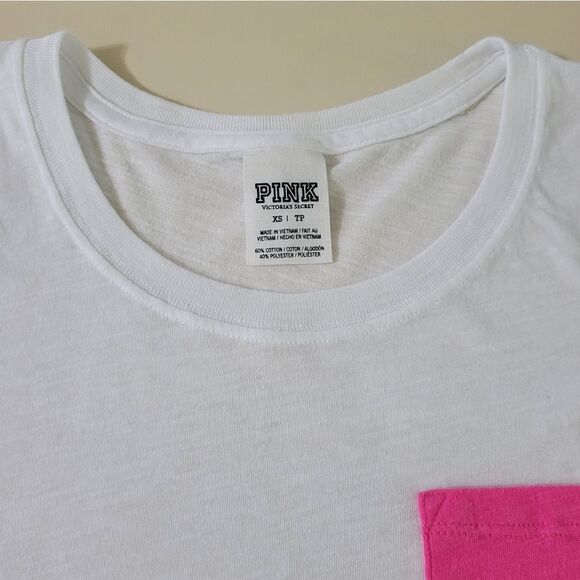 PINK Victoria's Secret White Crewneck Short Sleeve Tee Pink Chest Pocket - Picture 6 of 12